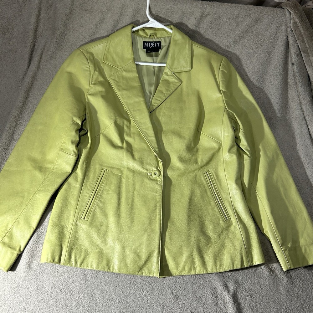 Mixit Genuine Leather Lime Green 3-Button Jacket Blazer Womens Size 10